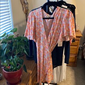 Billabong Asymmetrical Sundress Pink and Orange Flutter Sleeves